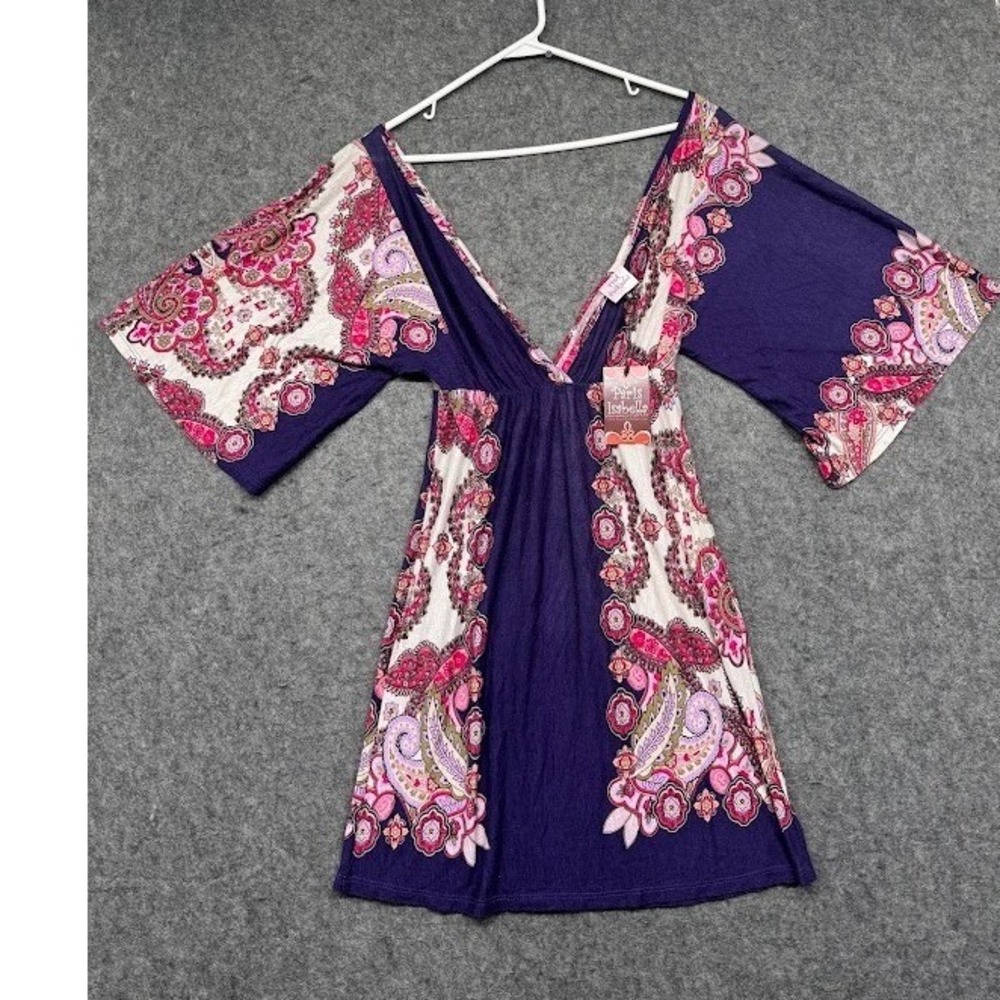 Paris Isabella Purple Paisley Kimono Sleeve V-Neck Mini Dress Womens Boho NEW